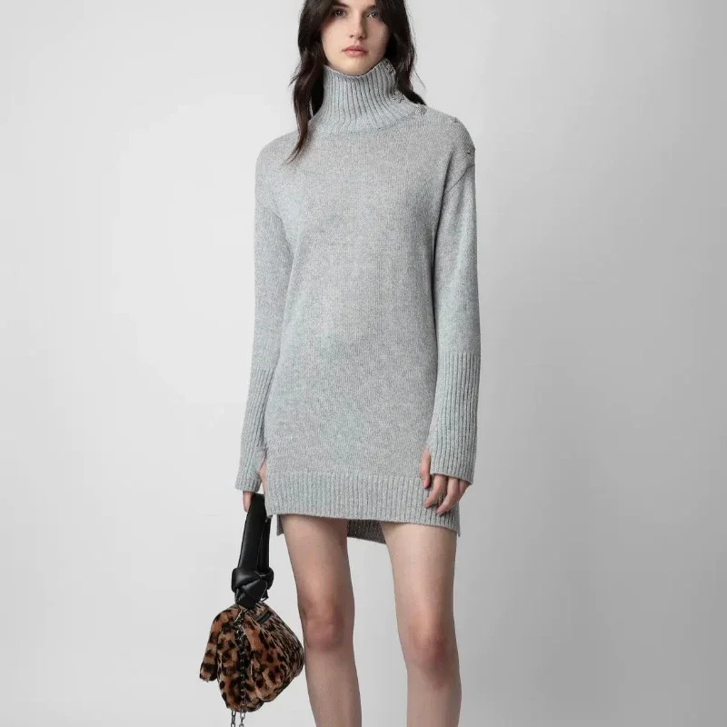 

Autumn and Winter Short Front and Long Back Pullover Cashmere Loose Mid-length Women Knitted Dress