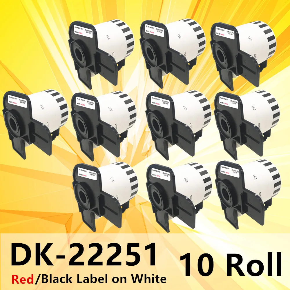 10 롤 형제 DK-22251 DK-2251 연속 길이 교체 레이블, 블랙/레드 라벨 백지 테이프에 62mm