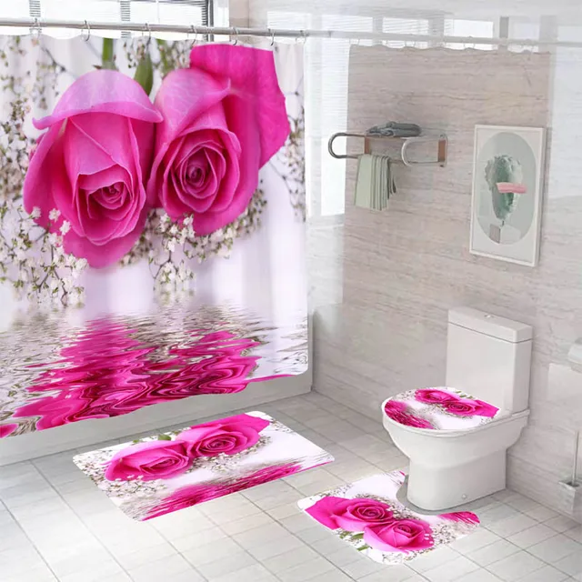 Rose Flower Shower Curtain Set Non-Slip Rugs Bath Mat Toilet Lid Cover and 12 Hooks Waterproof Polyester Bathroom Decor C-4pcs- Full Set