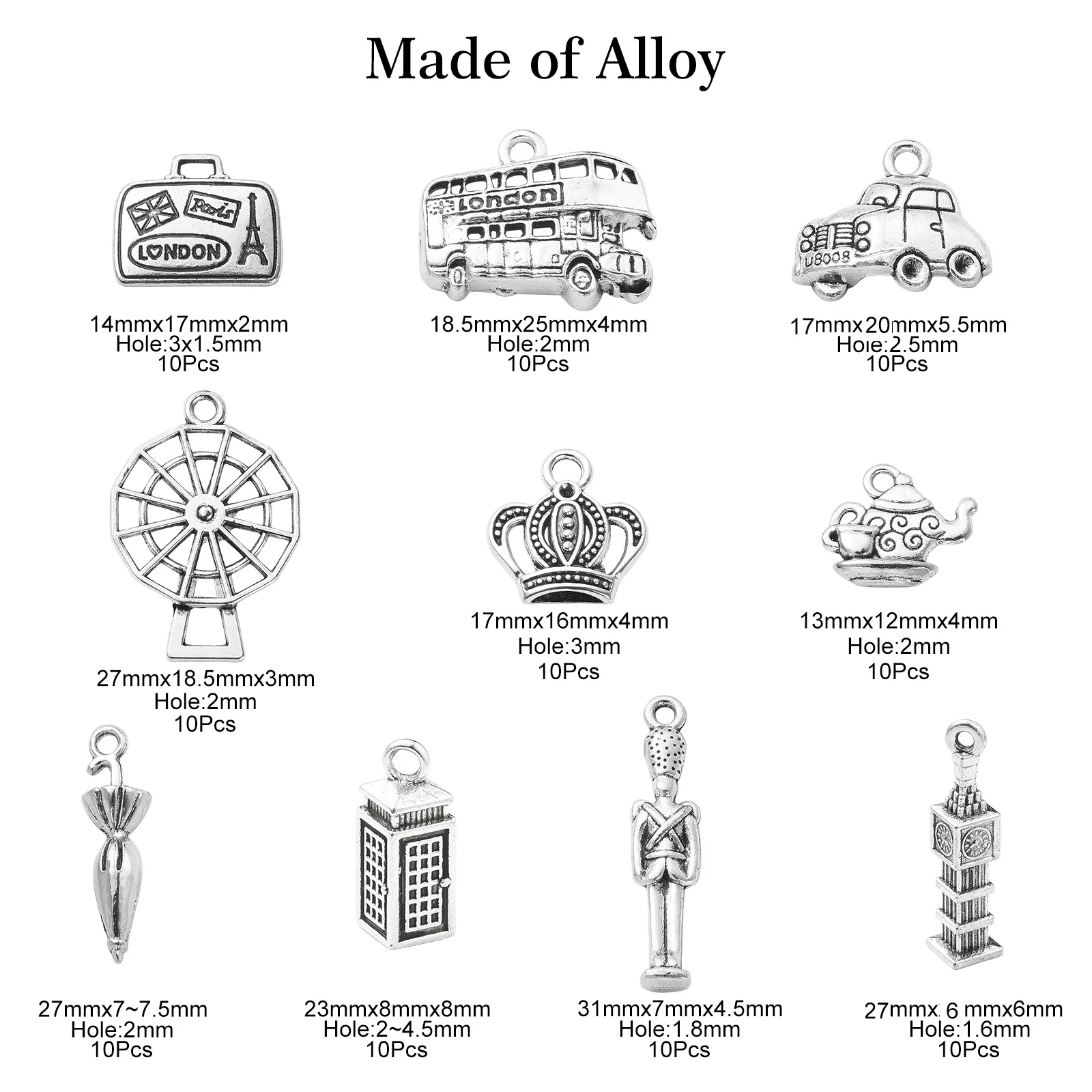 100Pcs 10 Styles London Theme Charms Antique Silver Big Ben Windmill Bus Car Charms Tibetan Travel Charms for Jewelry Making