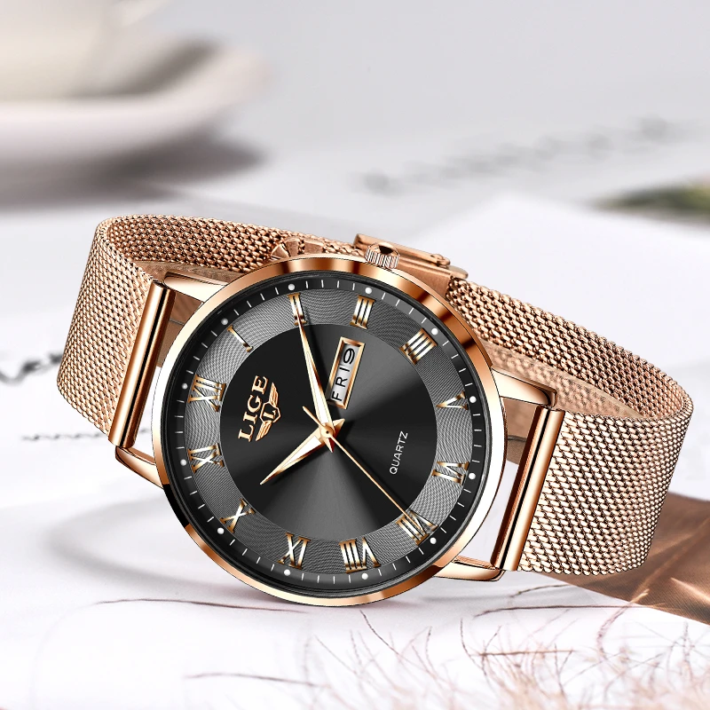 LIGE Woman Watch Luxury Ultra-thin Watch Bracelet Week Date Watches for Women Fashion Dress Ladies Watches Rose Gold Clock Gift