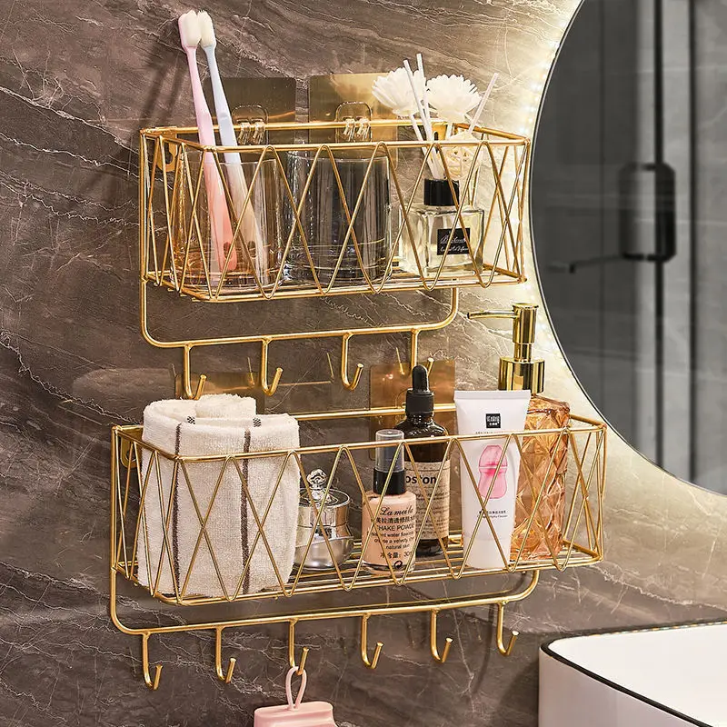 Wall Mounted Storage Rack No Punch Bathroom Shelf Shower Shampoo Holder Kitchen Seasoning Hanging Basket Home Organizer |