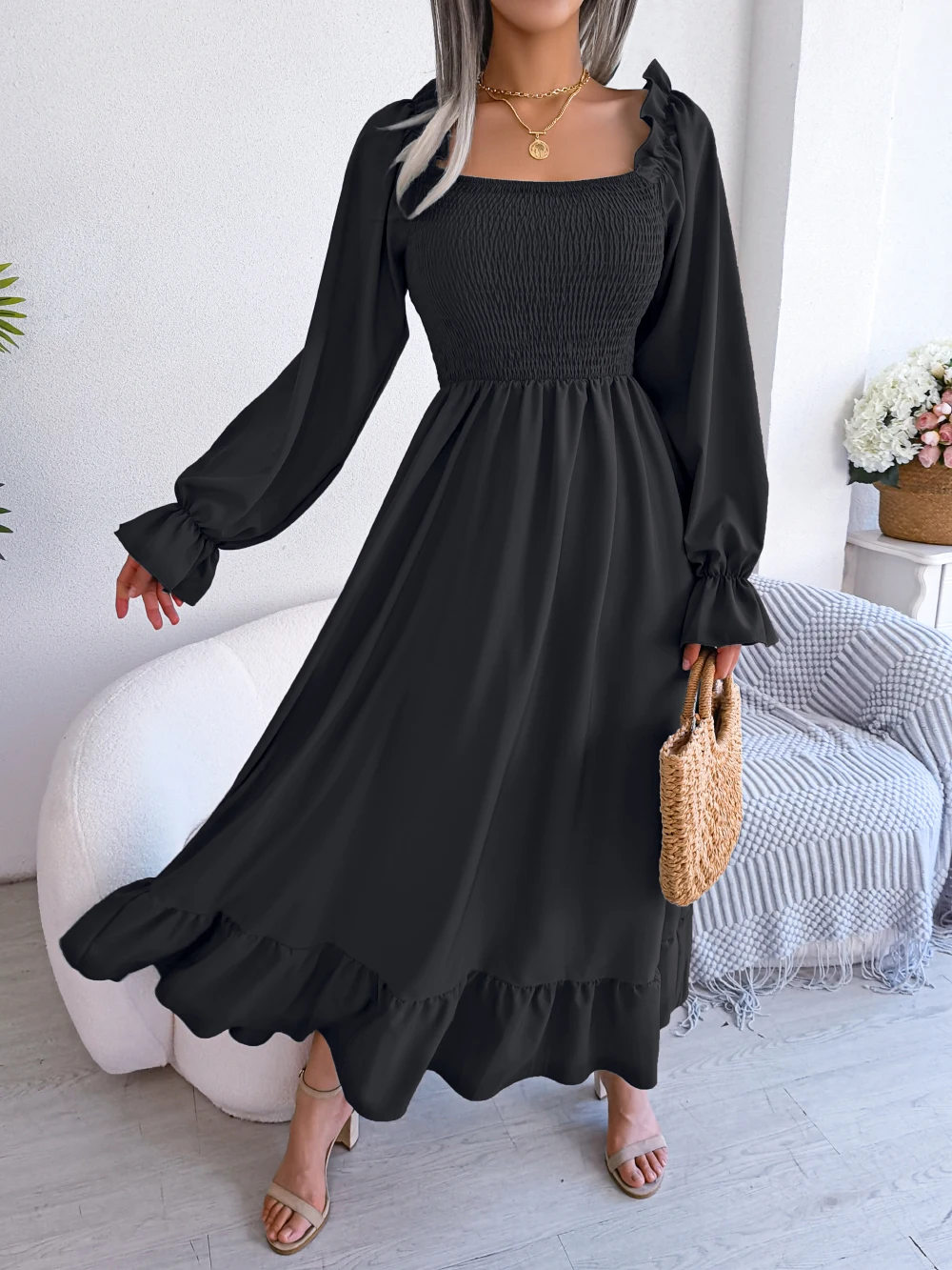 Autumn Casual Women Long Sleeve Ruffled Dress