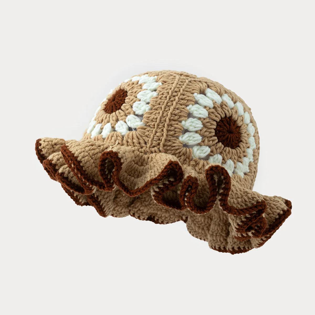 Men's and women's colorful hand crocheted knitted hats with wavy edges and floral patterns,woolen hats suitable for keeping warm - 3