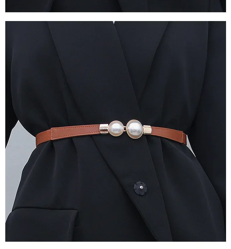 1 Stück Neuer Eleganter Vintage Perlen-Taillengürtel, Koreanischer Stil Pullover-Jacken-Gürtel mit Haken, Elastischer Schmaler Ledergürtel für Damen – Detail 14