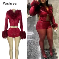 Vintage Fur Leather Feather Red Two Piece Pants Set Women V Neck Long Sleeve Crop Top And Shorts Hot Girl Night Club Outfit 2PCS