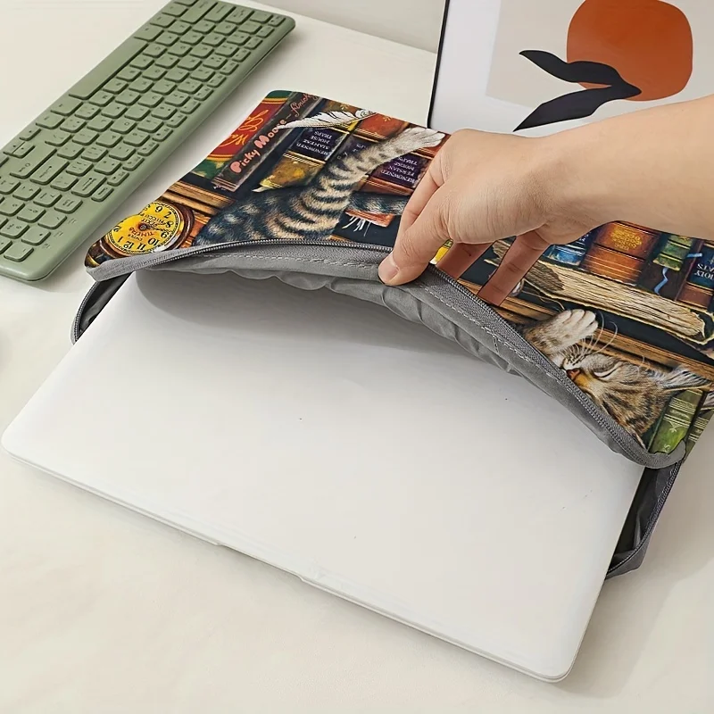 1, cat and bookshelf pattern laptop bag, briefcase, suitable for 15 inch laptops, fixed laptop bag (without handheld)