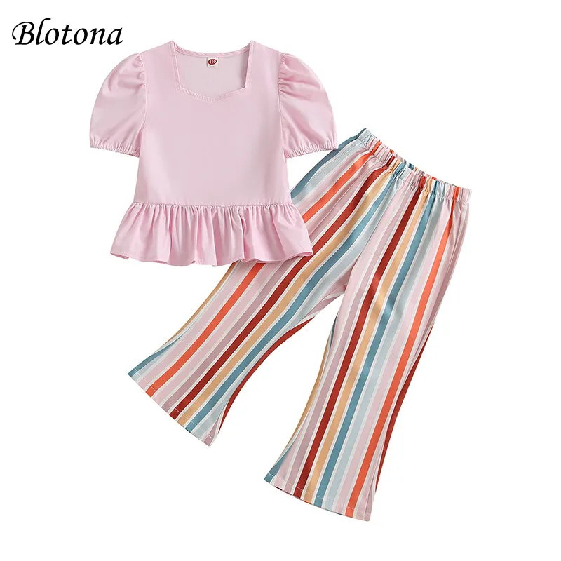 

Blotona Kids Girls Summer Casual Set, Short Sleeve Ruffled Solid Color T-shirt with Striped Prints 2Pcs Outfit Streetwear 3-8Y