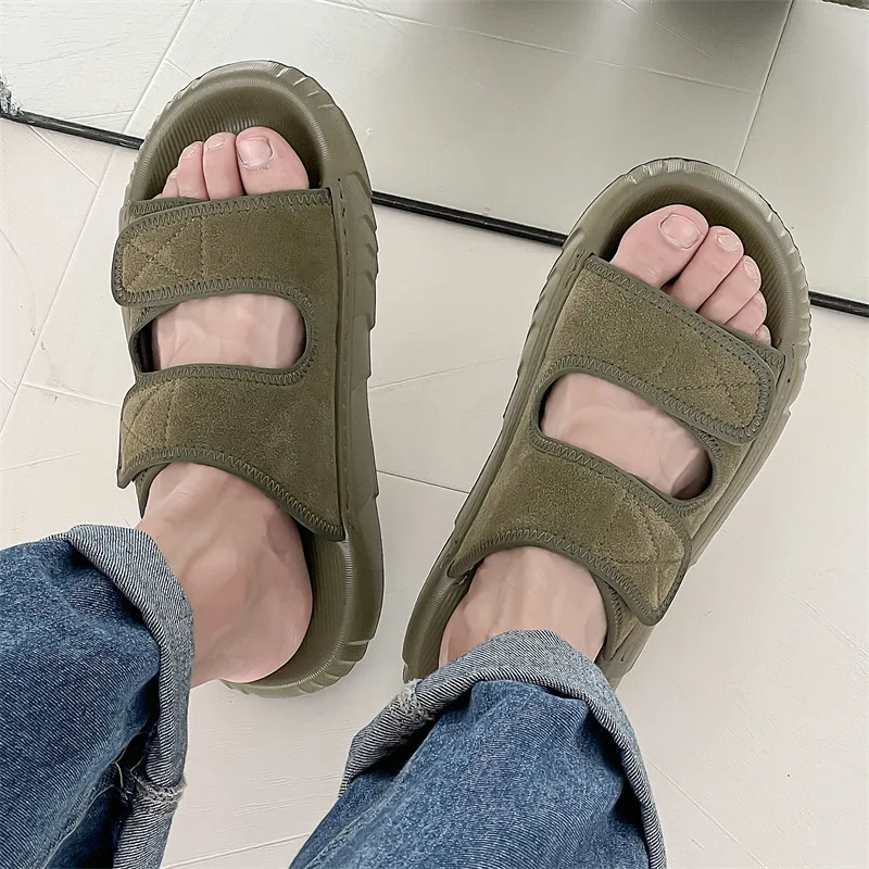 Summer Suede Leather Open Toe Thick Sole Platform Men Sandals Solid Color Slip on Outdoor Slippers Fashion Western Casual Shoes