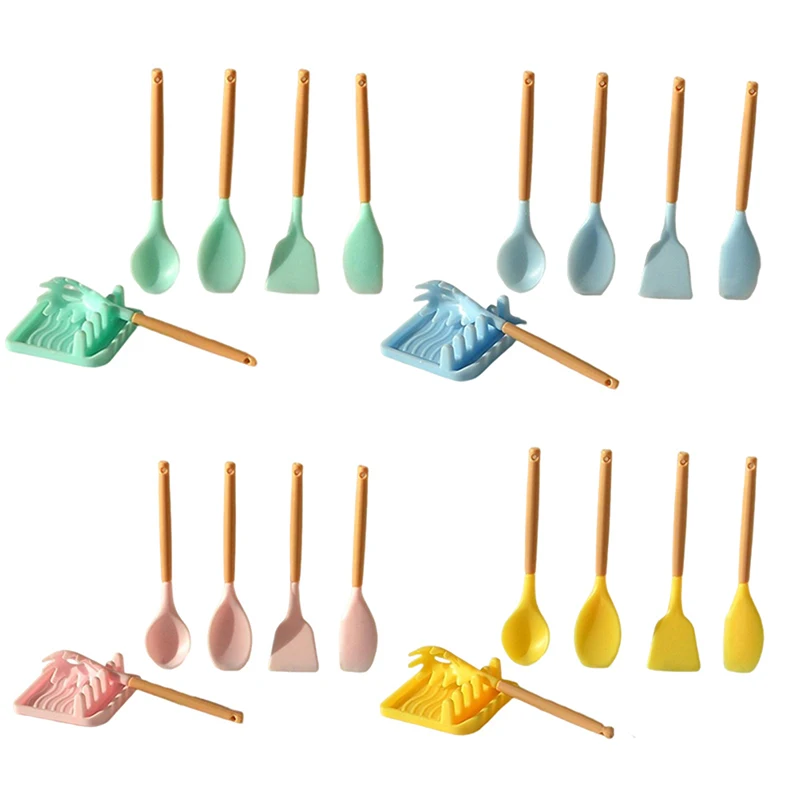 

1/6 1/12 Dollhouse Miniature Pot Spatula Spoon Squeegee Frying Shovel with Holder Tray Kitchen Kitchenware Model Decor Toy Set