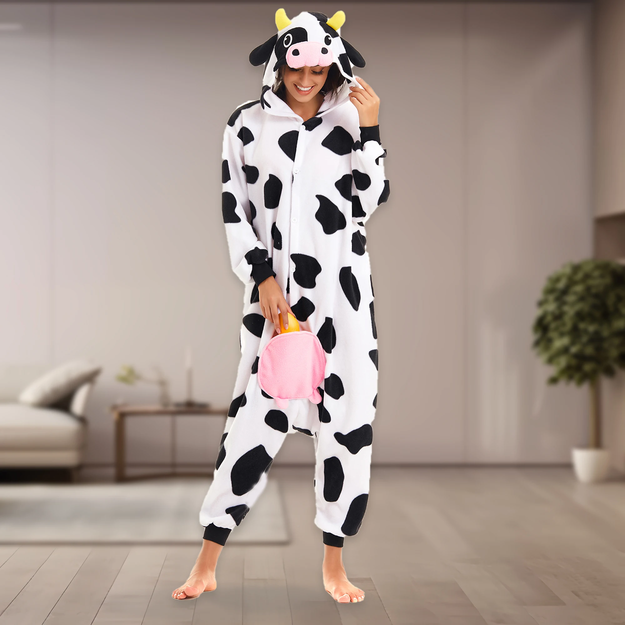 

CANASOUR Cow Onesie One-Piece Pajamas Adults Women Soft Hooded Pyjamas Halloween Christmas Cosplay Animal Costume Sleepwear