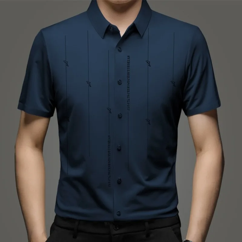 Summer New Shirts for Men Short Sleeve Turn-down Collar Traceless Printing Fashion Blouse Button Striped Casual Loose Slim Tops 4