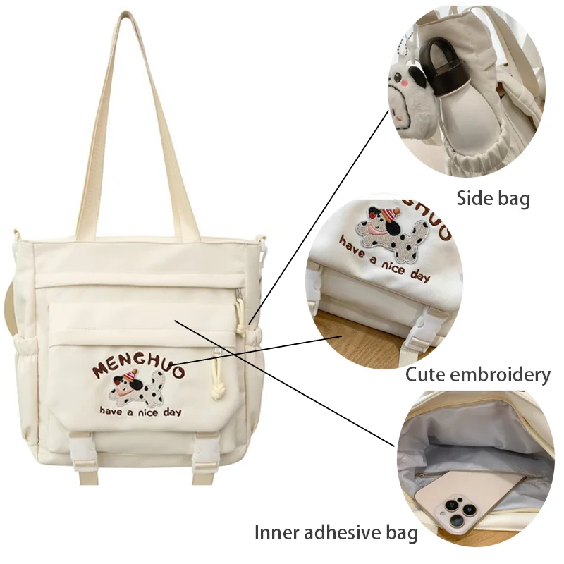 Dog Cartoon Embroidery Women's Shoulder Bags Cute Large Capacity Multiple Pockets Crossbody Bag Student Book Bag