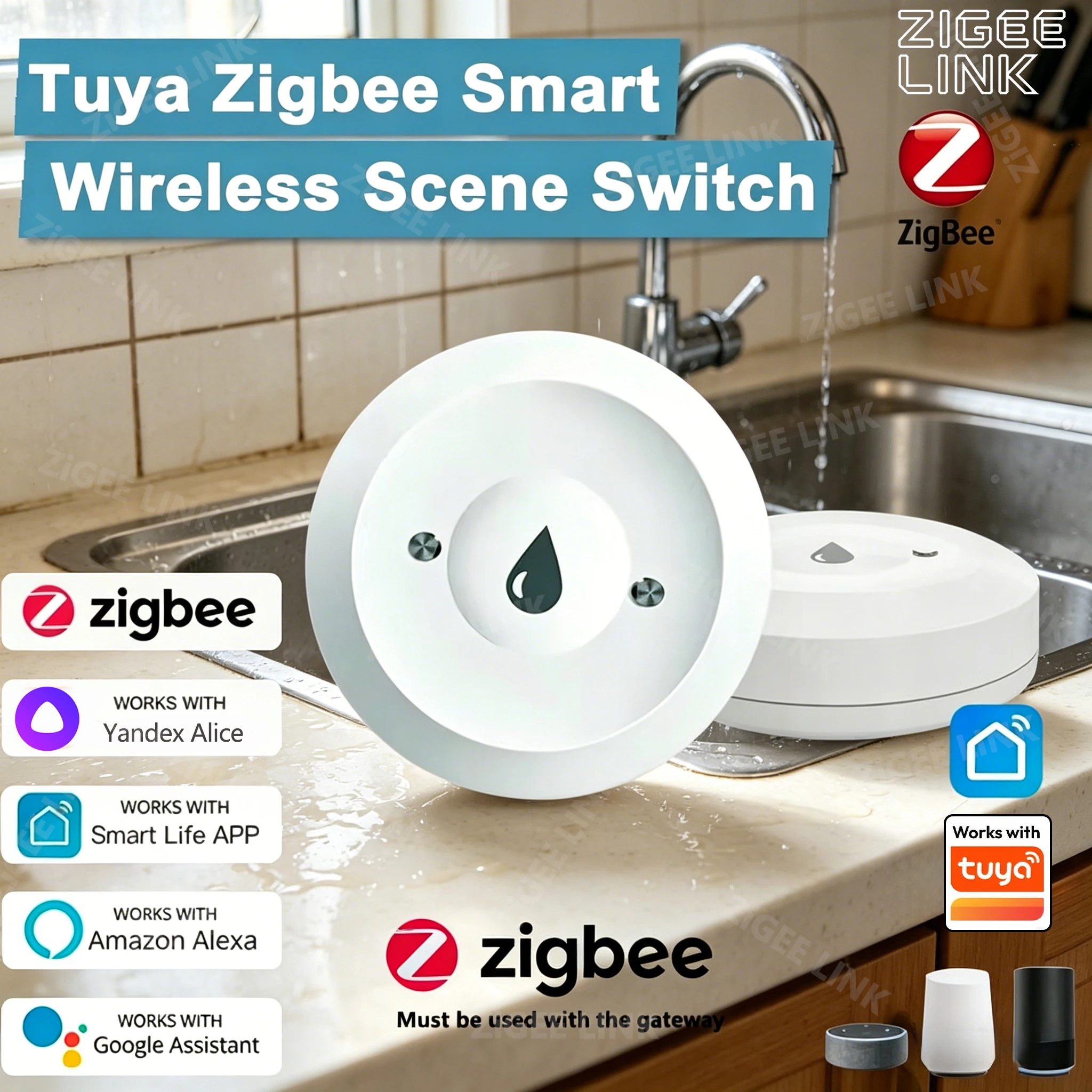 ZigBee 누수 감지 센서 홍수 감지기(Tuya Smart Life APP 포함) 알람 보안 시스템 Zigbee 게이트웨이와 호환 가능