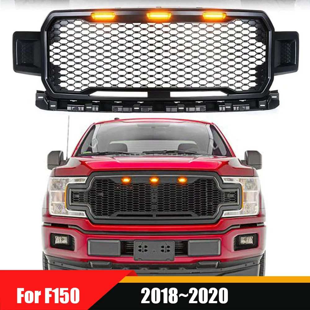 

Matte Black Grill ABS Front Bumper Grilles Upper Grilles With LED Light Raptor Style Auto Parts Grille For F150 2018~2020