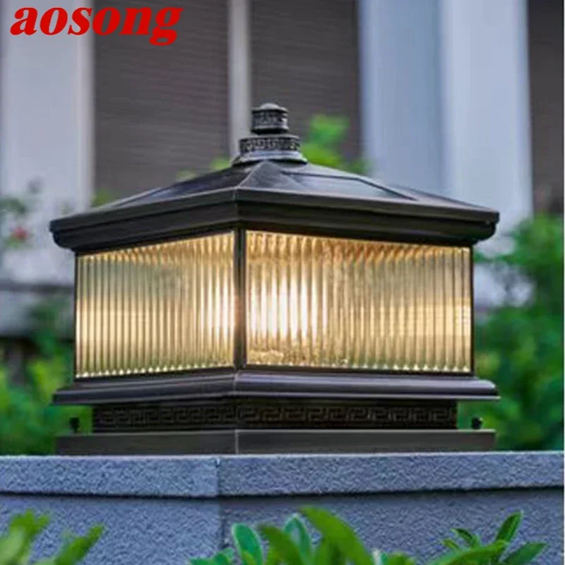 

AOSONG Outdoor Solar Post Lamp Vintage Creative Chinese Brass Pillar Light LED Waterproof IP65 for Home Villa Courtyard