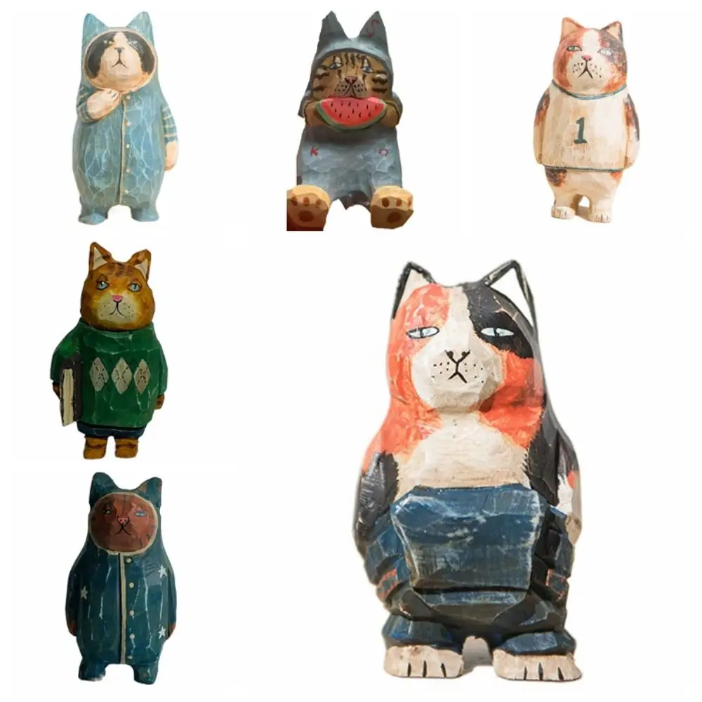 Solid Wood Wood Carving Cat Ornament Simple Style Small Painted Cartoon Cat Sculpture Cute Handmade