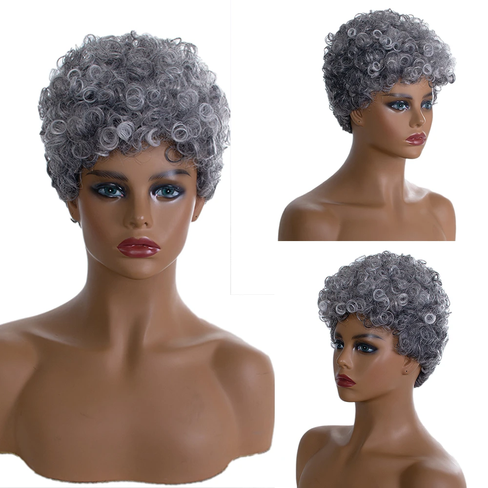 Synthetic Short Curly Gray Wigs For Women Black Afro Wig Grey Hair Wig