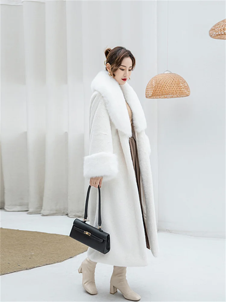 Faux Mink Fur Coat Women White XS-6XL Fox Fur Collar Thick Warmth Light  Luxury Winter Fashion Elegant Big Style Clothes Feminina