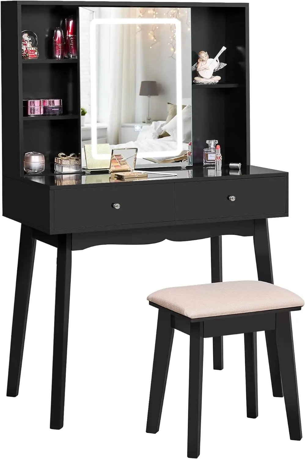 BEWISHOME Vanity Desk with Mirror and Lights, Makeup Vanity with Lights, Black Vanity Set, Makeup Desk with 3 Color Lighting