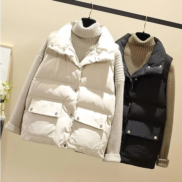 

2023 New Down Cotton Vest Women's Autumn Winter Short Stand Collar Fashion Outwear Sleeveless Quilted Jacket Female Q390