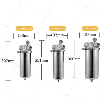 10 นิ้วจัมโบ้สแตนเลสกรองเชลล์ด้านหน้ากรอง 1 ไมครอน 5 ไมครอนสแตนเลสตลับกรอง 1um5um10um Prefilter 2