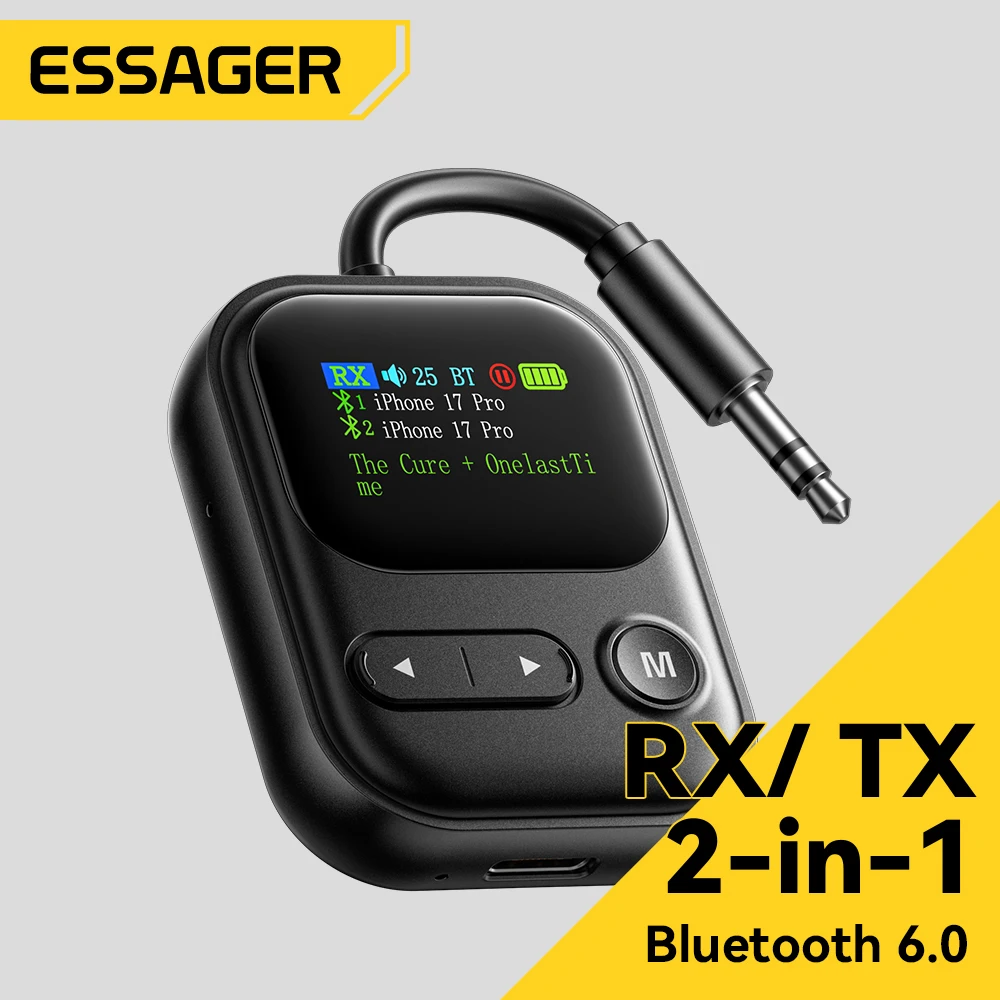 Essager 블루투스 6.0 오디오 송신기 수신기 2 IN 1 RT/TX 어댑터 3.5MM 마이크 LCD 디스플레이 포함 스피커 자동차 TV PC 비행기용