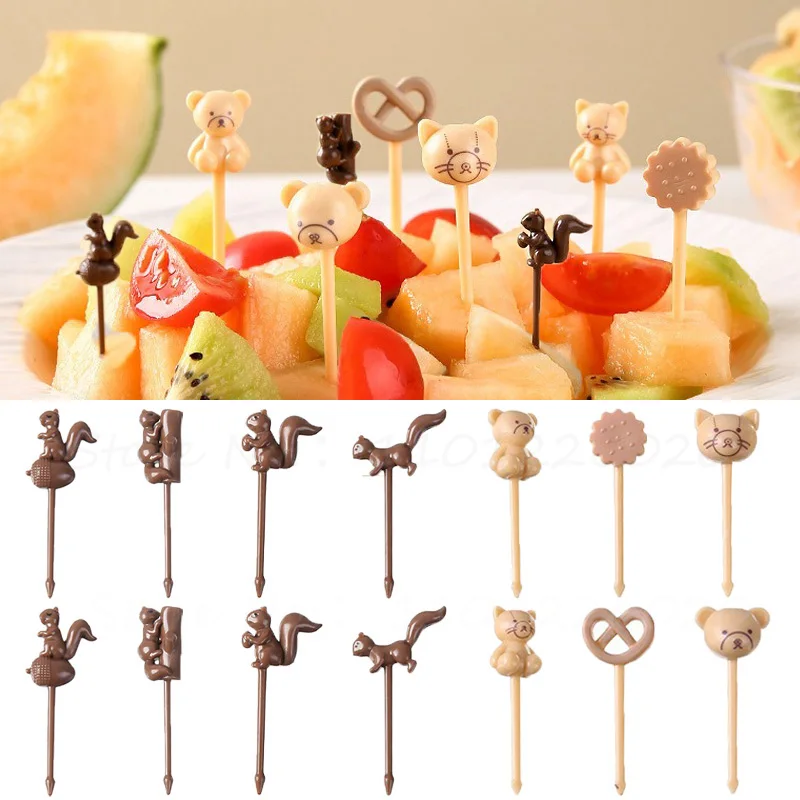 Cartoon Bear Squirrel Shape Fruit Fork Food Picks Toothpick Set 6/8Pcs