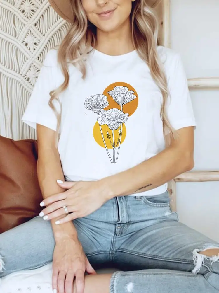 

Abstract Plant Flower Print T Shirt Short Sleeve Summer Clothes Women Clothing Basic Tee Top Fashion Graphic T-shirt