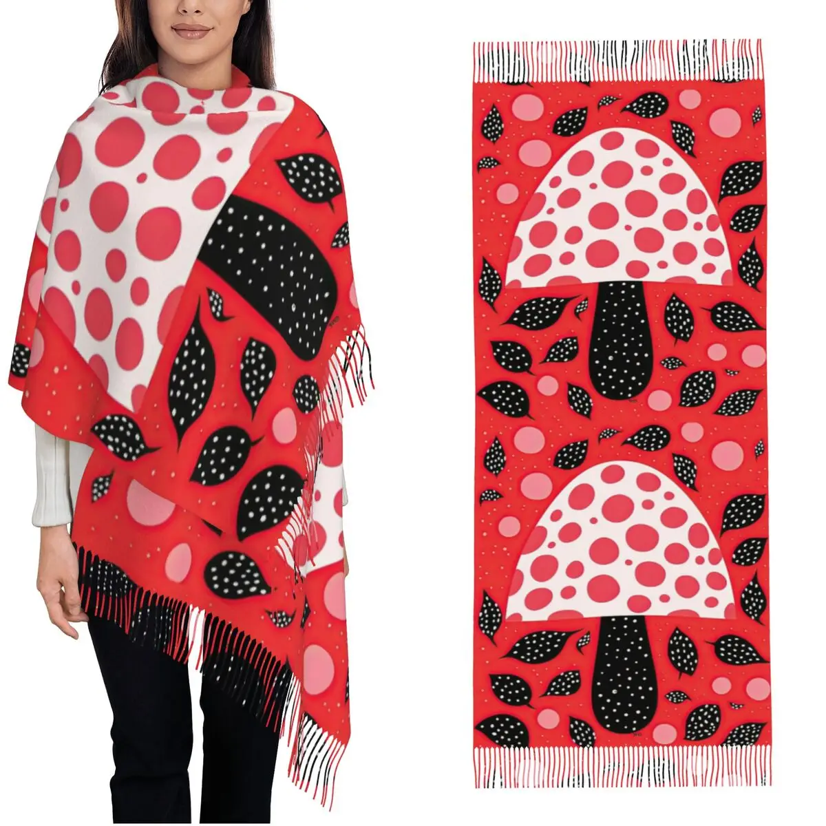 

Womens Tassel Scarf Yayoi Kusama Style Dotted Mushroom Modern Art Large Winter Fall Shawl and Wrap Gifts Cashmere Scarf
