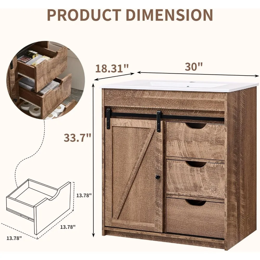 Farmhouse Bathroom Vanity with Sink, Bathroom Vanity Sliding Barn Door, Modern Bathroom Cabinet w/3 Drawers & Adjustable Shelves 3