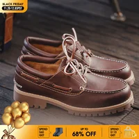 Maden Men's Vintage Genuine Leather Derby Shoes Second-layer Cowhide Boat Shoes Round Toe Low Top Boots British Style Work Shoes