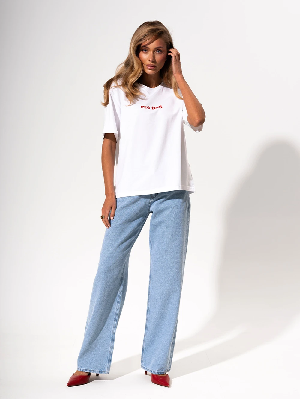 Red Flag Oversized T-Shirt Letter Print Women's T-Shirt Cotton Simple Design Summer Fashion Tee Boutique Drop Sleeve 4