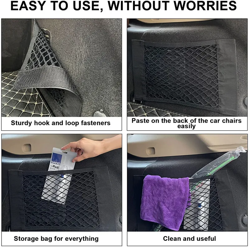 Auto Organizer Sitz Zurück Tasche Zurück Hinten Mesh Stamm Sitz Elastische String Net Magie Aufkleber Auto Universal Lagerung Tasche Tasche – Detail 5