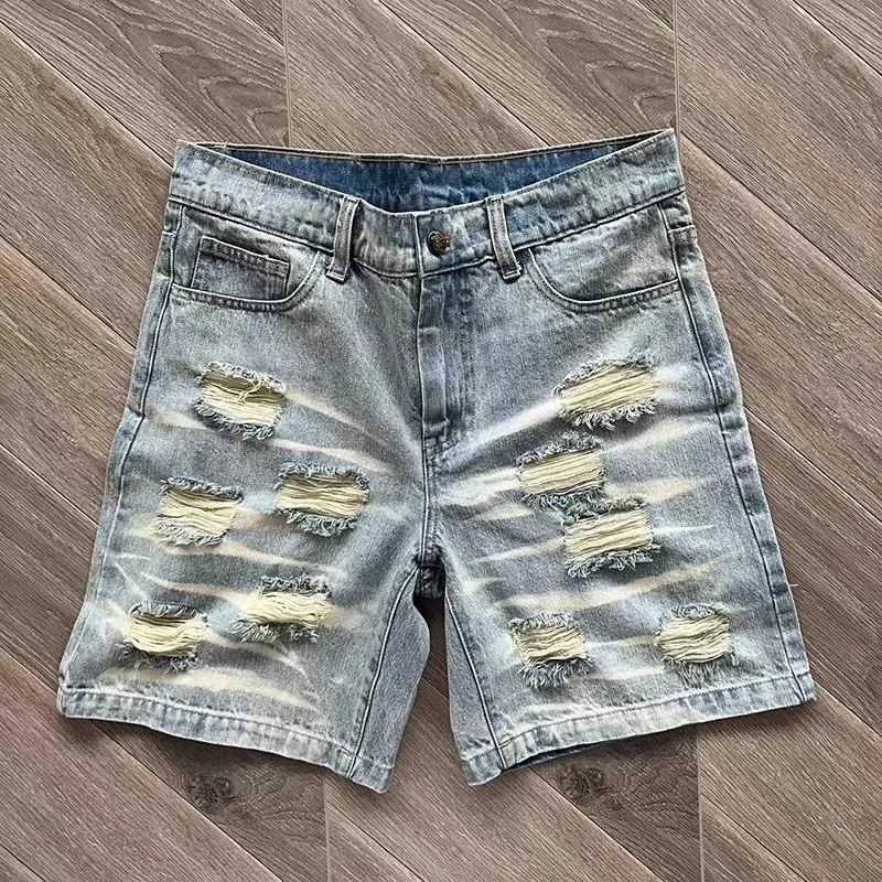 

Washed Hellstar Denim Jeans Shorts Men Women Burnt Ripped Vintage Kanye Shorts Clothing
