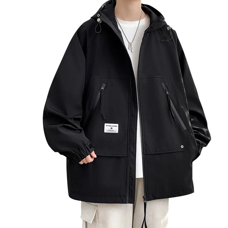 Large size jacket, men's hooded loose work clothes, trendy mountain outdoor fat casual men's waterproof windproof assault suit