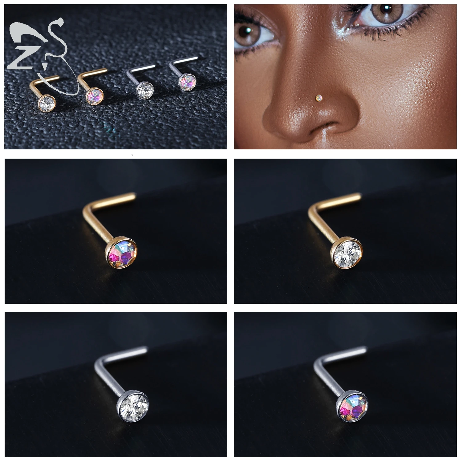 ZS 3-4Pcs/lot Gold Color Stainless Steel Nose Stud Set Heart Star Round Crystal Nose Piercing L Shape Nostril Piercing 18g/20g 4