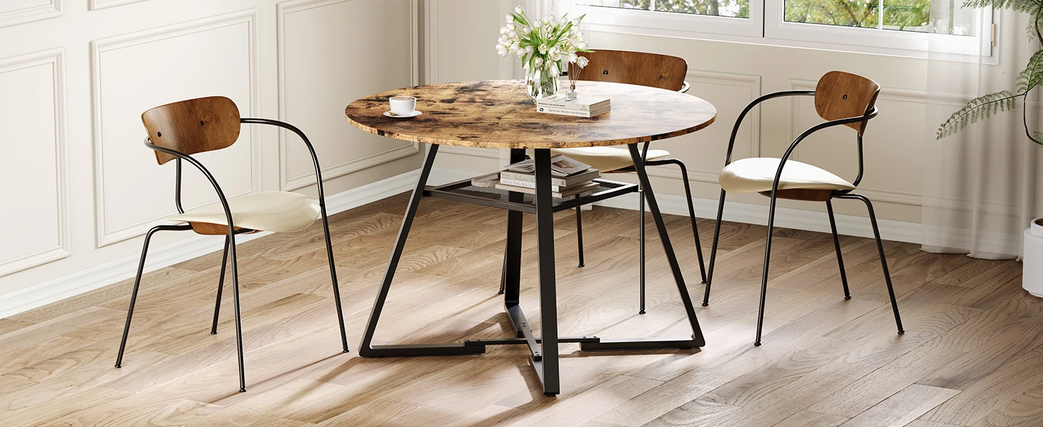 Lazyspace Runder Esstisch für 4 Personen, 120 cm rustikaler Esstisch mit Metallsockel, runder Küchentisch (braun) – Detail 1