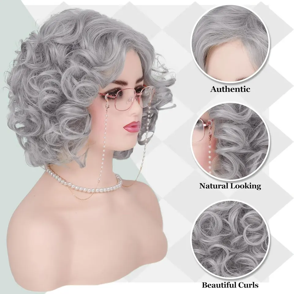 Alte Dame Perücke Silber Grau - Lockige Oma Perücke Für Kostüme