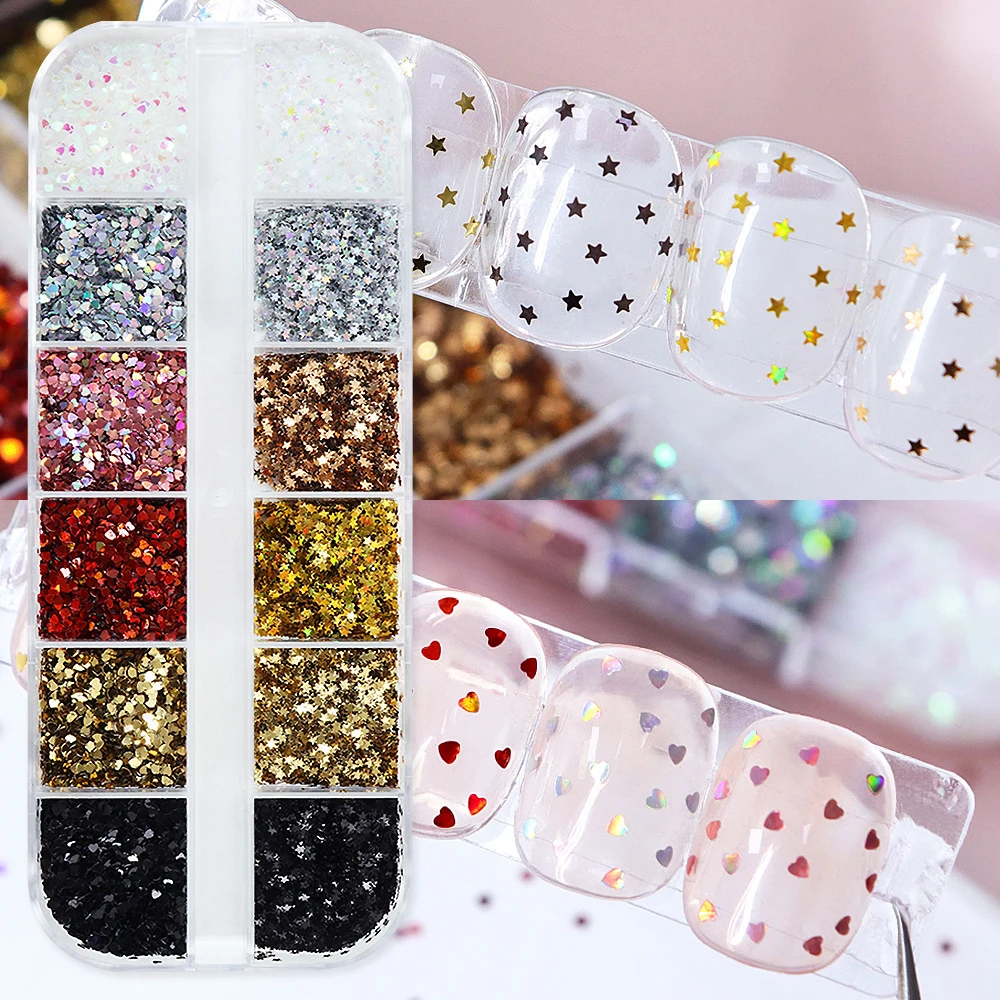 3D Mini Heart/Star Nail Glitter Sequins 12Grids 1mm Holographic Love Pentagram Flakes Nail Art Decorations