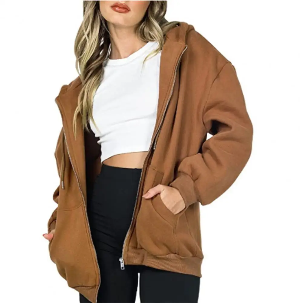 

Women Fall Winter Coat Hooded Long Sleeve Zip Up Loose Solid Color Mid Length Thick Pockets Soft Casual Cardigan Jacket