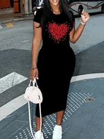 Summer heart-shaped print short sleeved women's sexy dress Casual Round Neck Pullover Dress Solid Color - Image 6