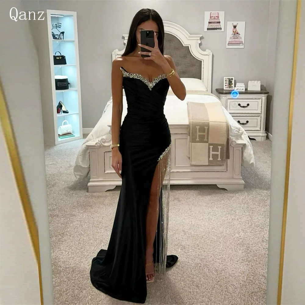 

Qanz Black Sparkle Prom Dresses Sweetheart Satin High Leg Slit Evening Gown Mermaid Luxury Tassels Corset Sukienki Na Studniówkę