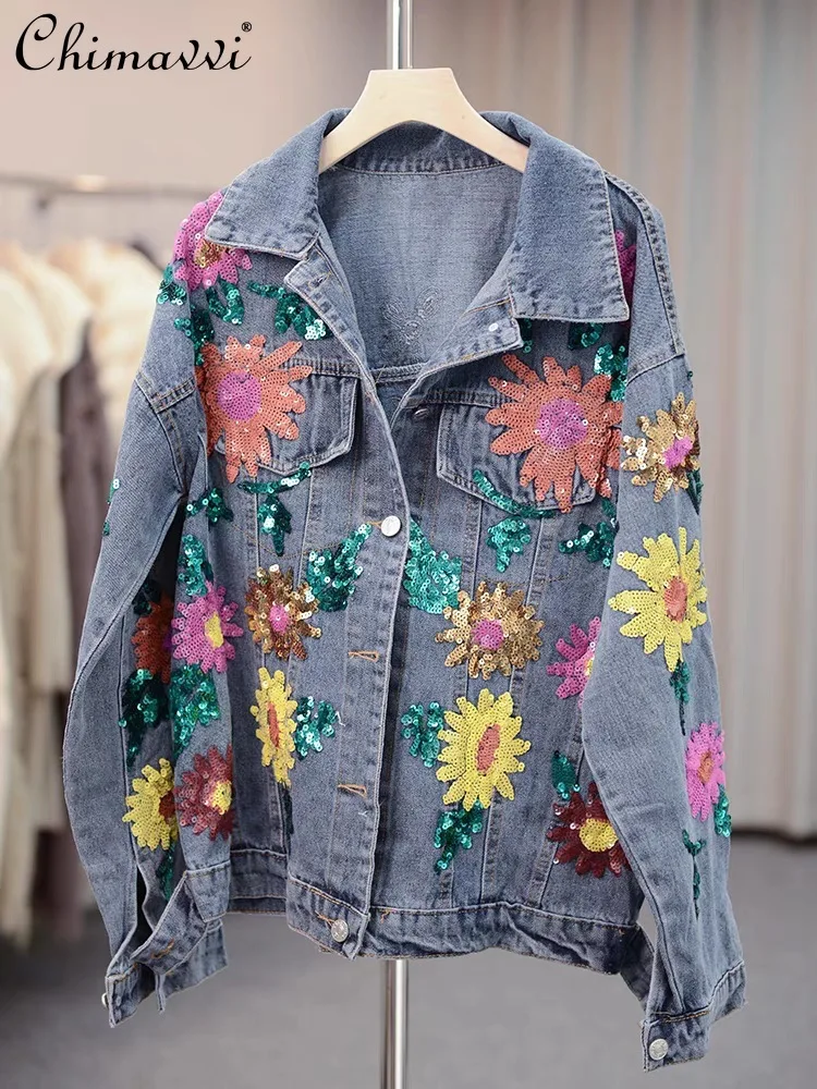 

Thai Fashion Brand 2024 Spring Clothes New Heavy Sequins Denim Coat Fashion Loose Slimming Streetwear Women's Jacket Coats