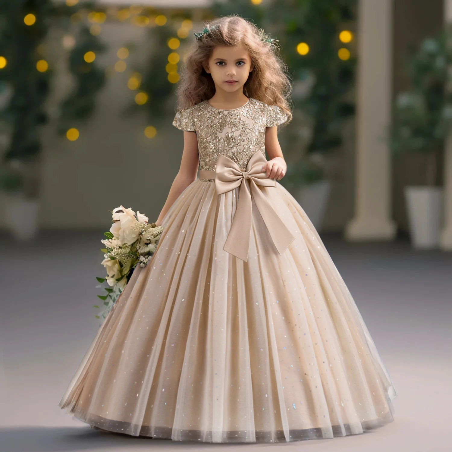 FEESHOW Girls' Flutter Sleeve Chiffon Flower Girl Dress - Lavender Long Gown For Weddings & Parties - View #6