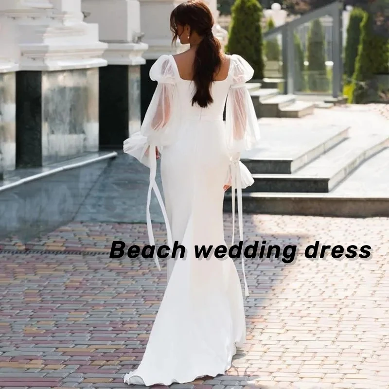 Elegant Wedding Dress Mermaid Square Neckline Long Puff Sleeves Satin Bridal Dress Open Backless Brides Dresses Plus Size