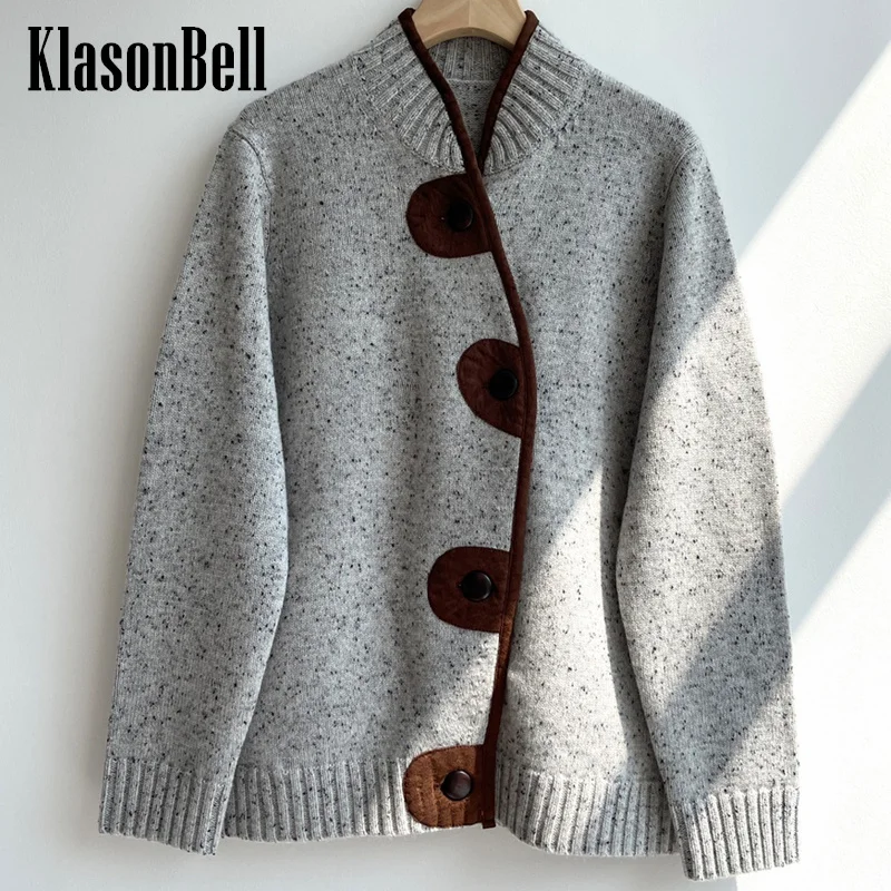 

11.7 KlasonBell-Women's Elegant 100% Cashmere Knit Spliced Genuine Leather Stand Collar Irregular Button Cardigan Coat
