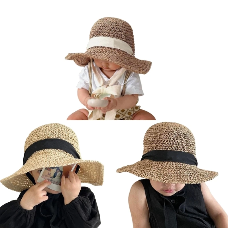 

C5AA Wide Brim SunProtection Hat Summer Hat Straw Woven Cap for Little Girl Infant Toddlers Baby Beach Sun Hats Travel Hat