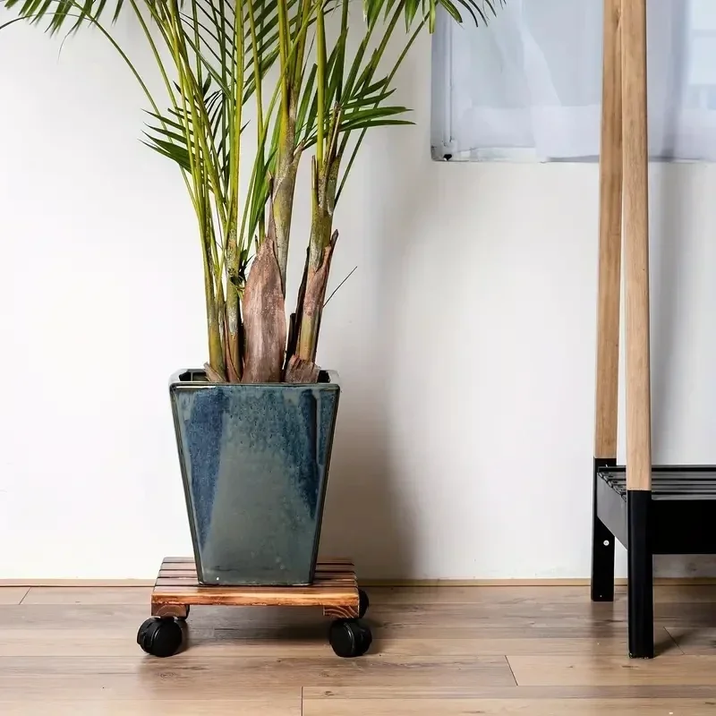 Solid wood thickened movable flower stand flower holder bonsai pot tray roller base stand with universal wheels