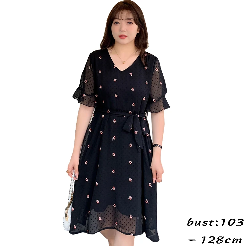 

High quality midi chiffon dress for women short sleeve big size print V neck new 2024 summer lady office elegant clothing black